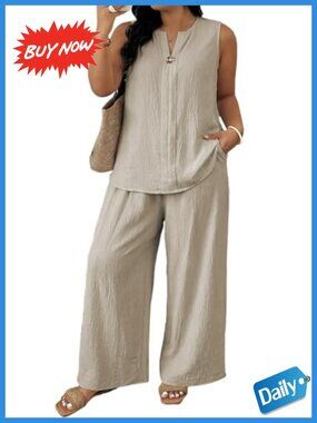 Plus Size 2 Piece Lounge Set Sleeveless V-Neck Top Wide Leg Pants